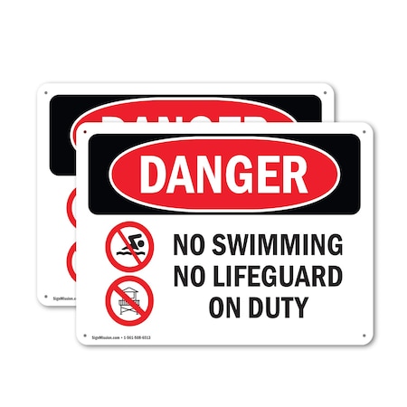 Signmission No Swimming No Lifeguard On Duty, 14 in W x Rectangle, Plastic OS-2PACK-DS-P-1014-L-1711